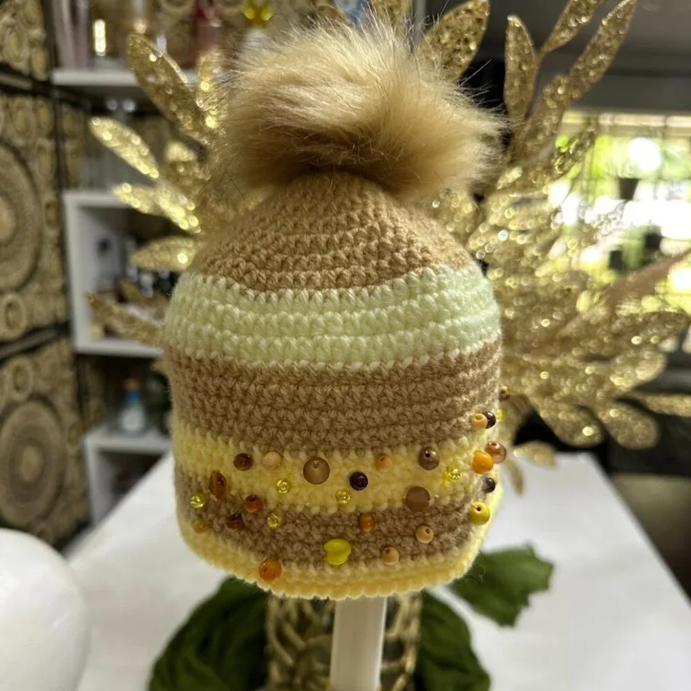 Handmade Crochet Beanie Hat With Pom Pom And Amber Bead Embellishments